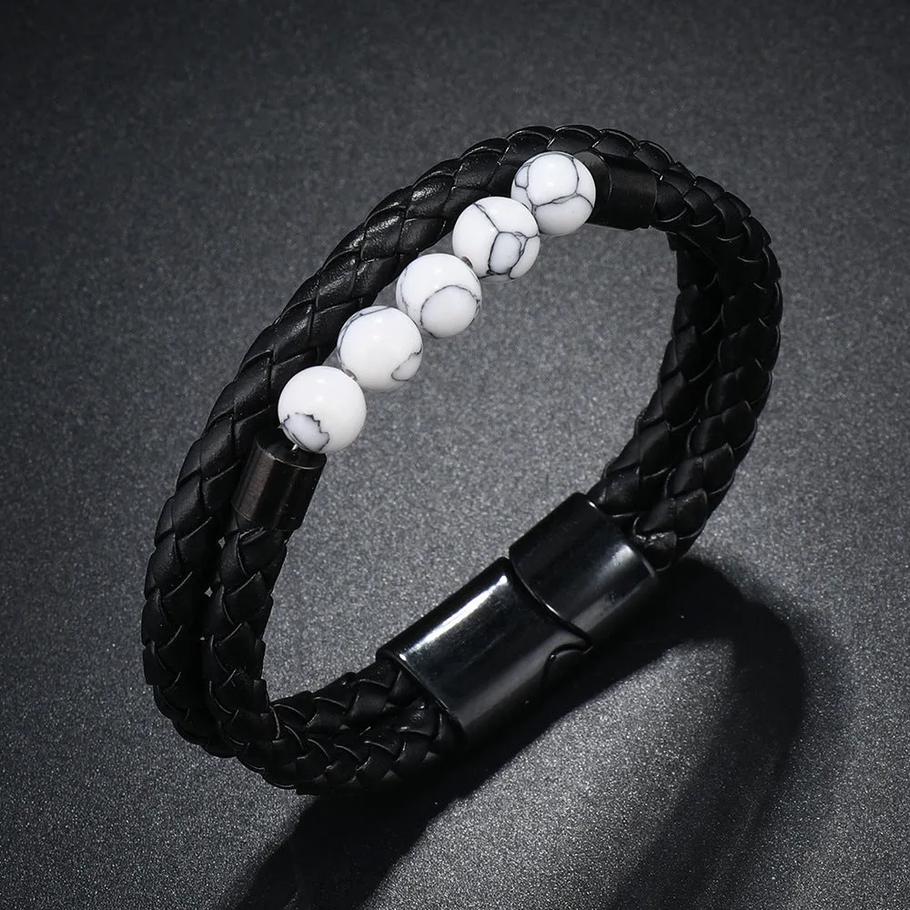 Men's Punk Style PU Leather Bracelet – Handmade 8mm Volcanic Stone Beads with Stainless Steel Magnetic Buckle