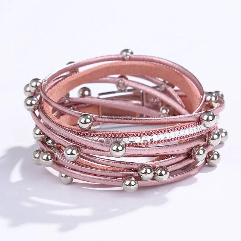 Metal Beads Pearl Multi-Layer PU Leather Bracelet: Silver   Pearl