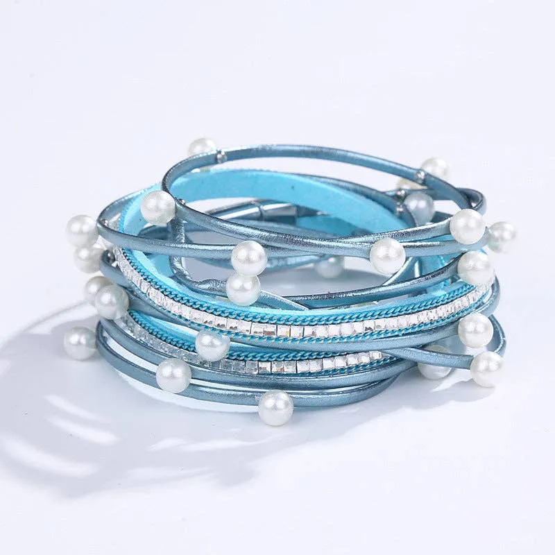 Metal Beads Pearl Multi-Layer PU Leather Bracelet: Silver   Pearl