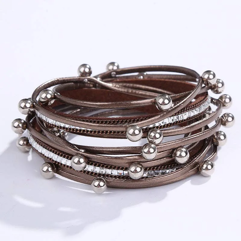 Metal Beads Pearl Multi-Layer PU Leather Bracelet: Silver   Pearl