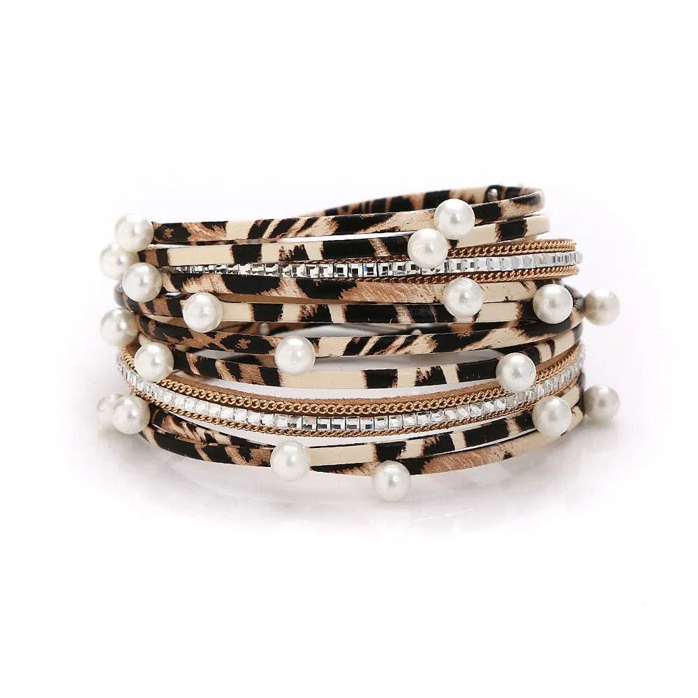 Metal Beads Pearl Multi-Layer PU Leather Bracelet: Silver   Pearl
