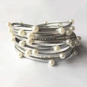 Metal Beads Pearl Multi-Layer PU Leather Bracelet: Silver   Pearl