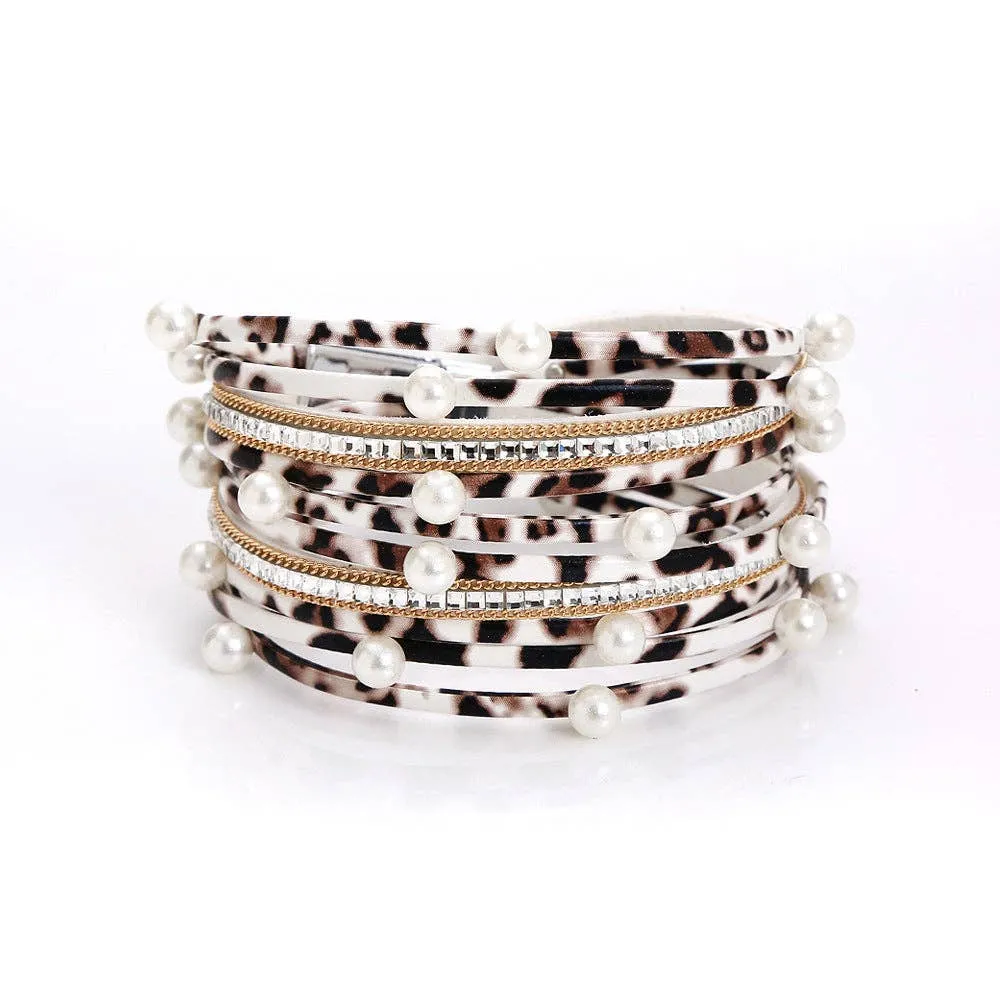 Metal Beads Pearl Multi-Layer PU Leather Bracelet: Silver   Pearl