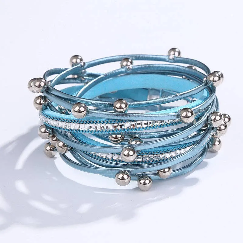 Metal Beads Pearl Multi-Layer PU Leather Bracelet: Silver   Pearl
