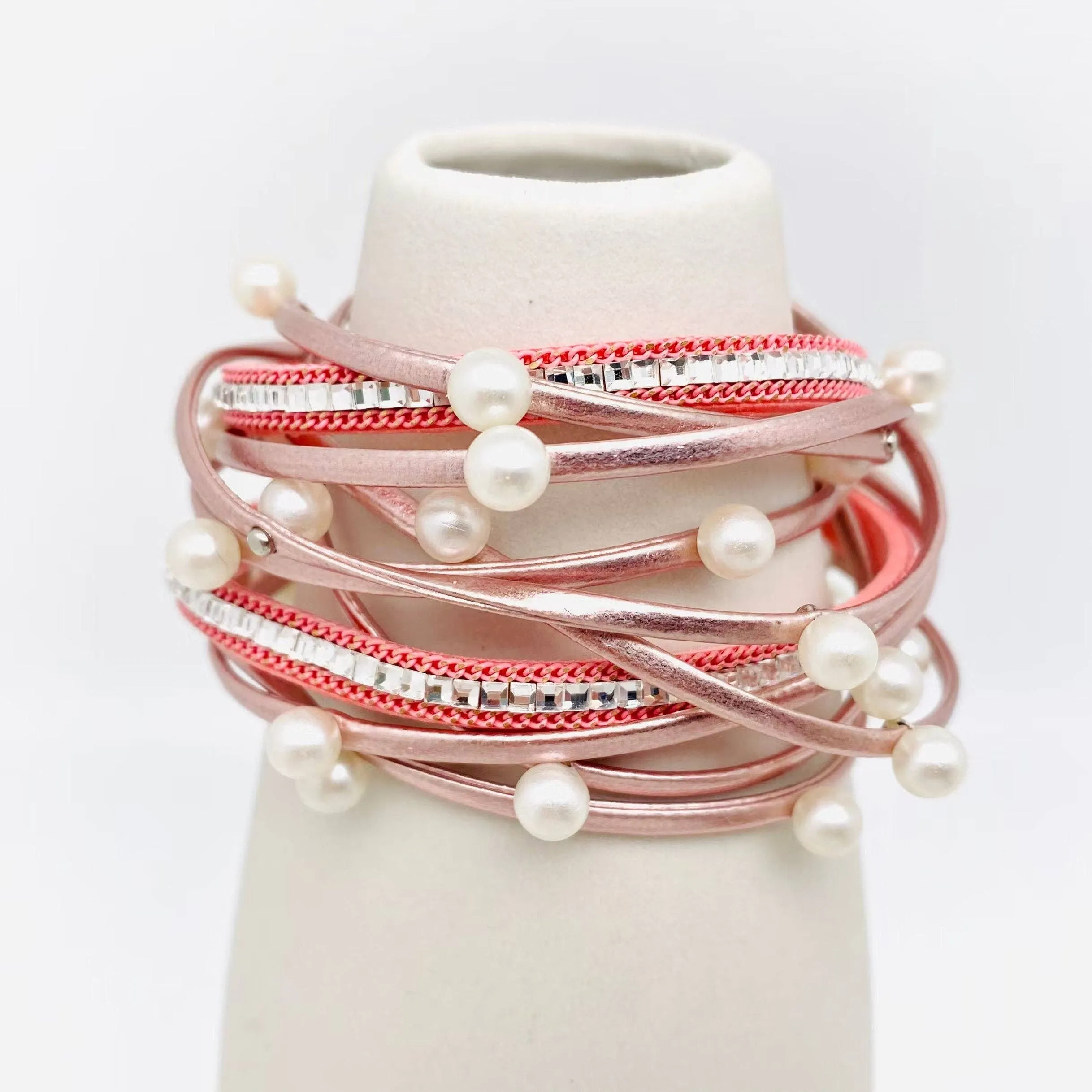 Metal Beads Pearl Multi-Layer PU Leather Bracelet: Silver   Pearl