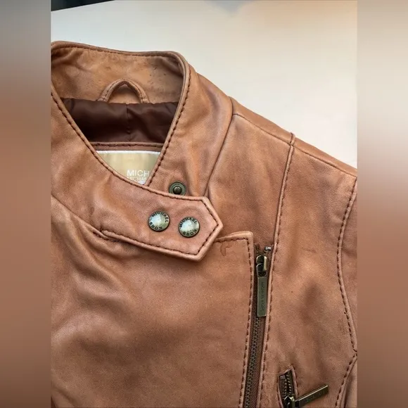 Michael Kors Tan Leather Moto Jacket Size Medium
