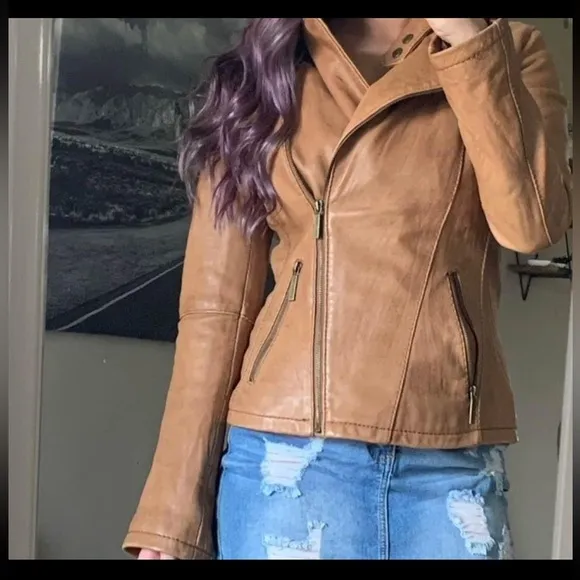 Michael Kors Tan Leather Moto Jacket Size Medium