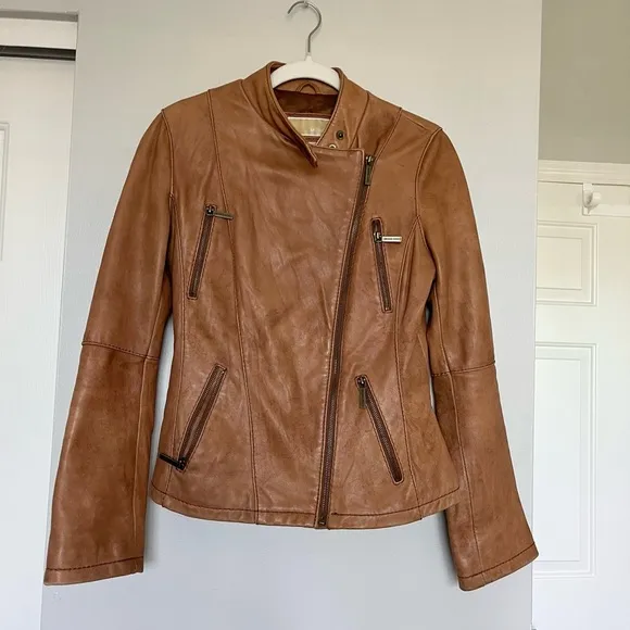 Michael Kors Tan Leather Moto Jacket Size Medium