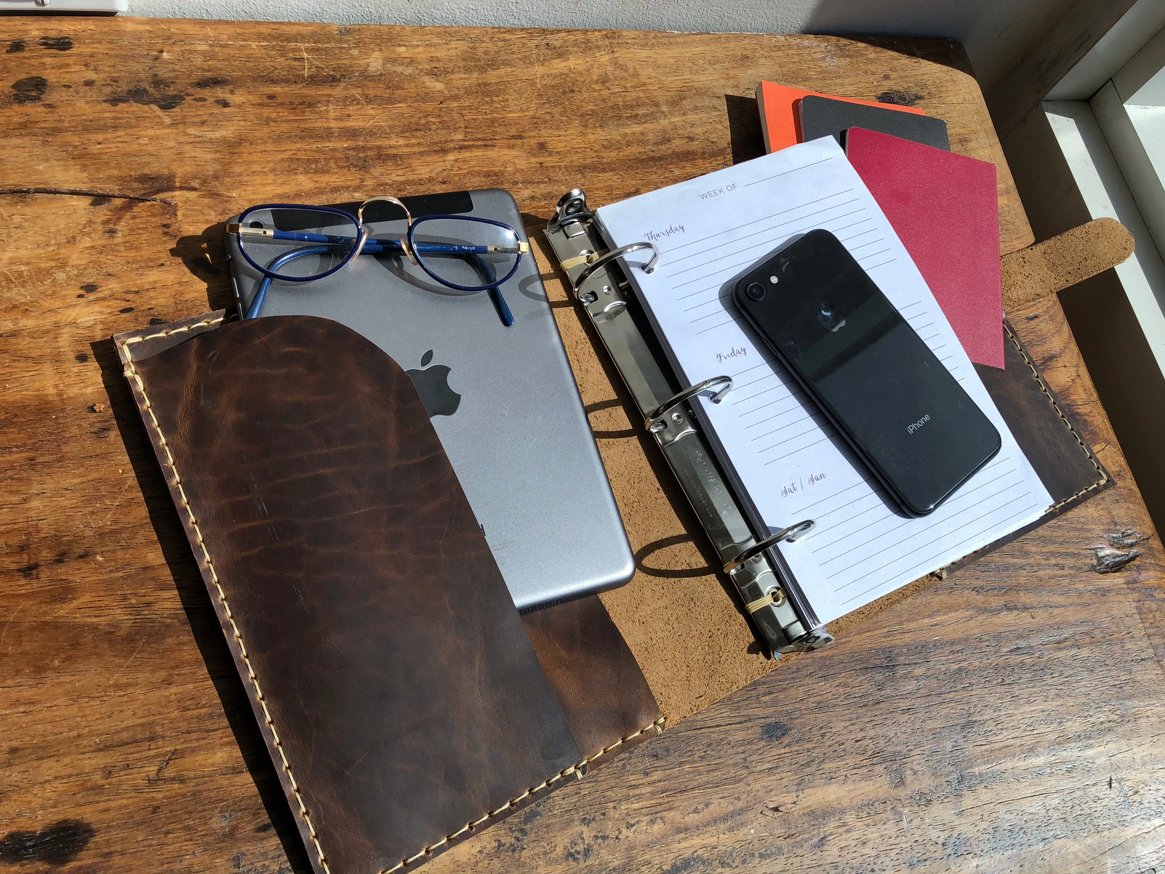 Mini ring binder, Small 3 ring notebook, 3 pocket leather binder, Customizable binders made by hand