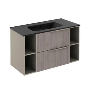 Mio 2 Drawers   2 Open Shelf Bathroom Vanity with Ceramic Sink - Wall Mount - 40" Particle Board Laminated/Grey Elm/Sand