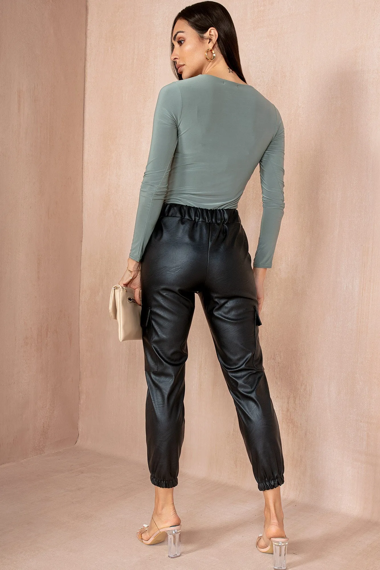 Nailah Black Leather Look Cargo Trousers