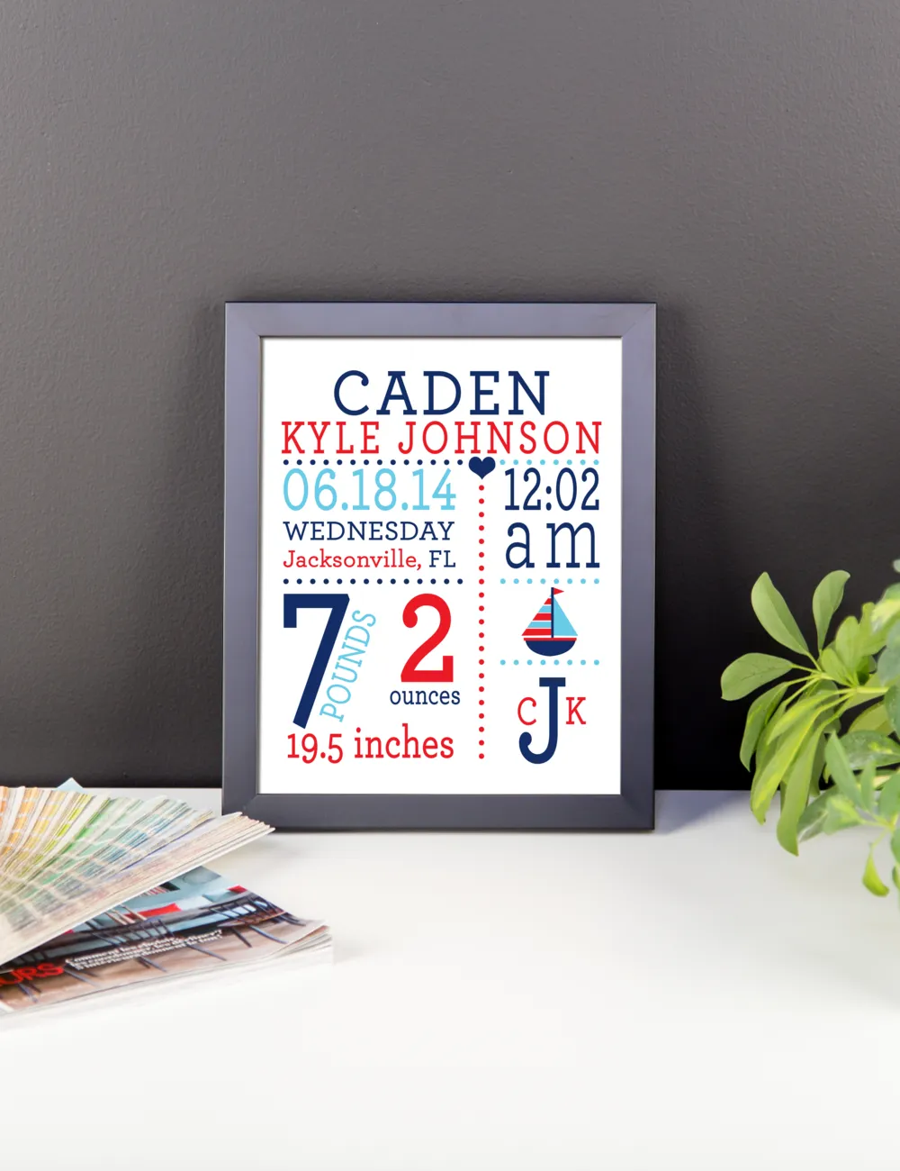 Nautical Sailboat Baby Birth Stats Nursery Wall Art