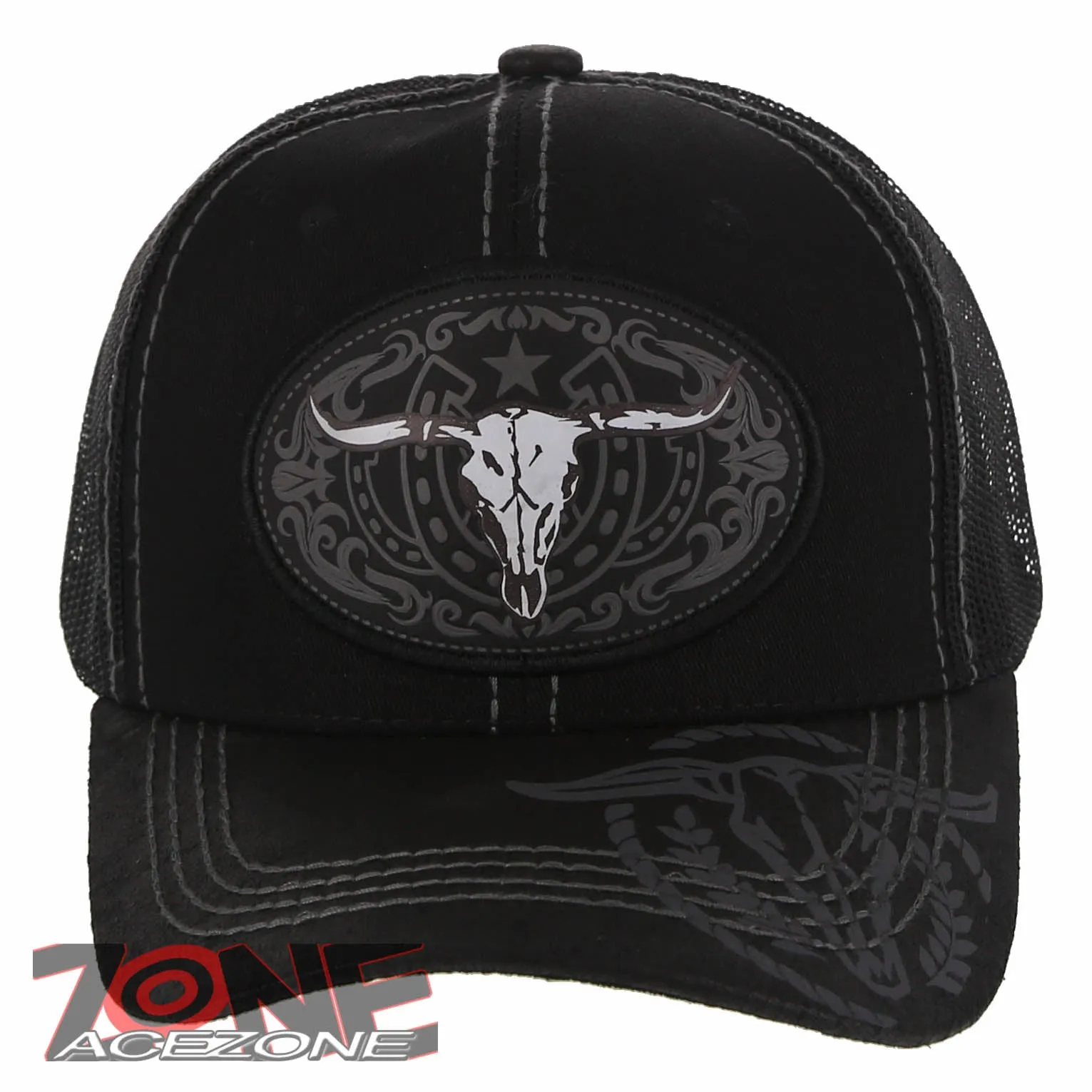NEW! COW SKULL BULL HEAD RODEO HORSE SHOE STAR TRUCKER BASEBALL CAP HAT BLACK