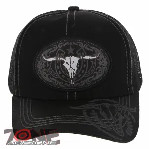 NEW! COW SKULL BULL HEAD RODEO HORSE SHOE STAR TRUCKER BASEBALL CAP HAT BLACK