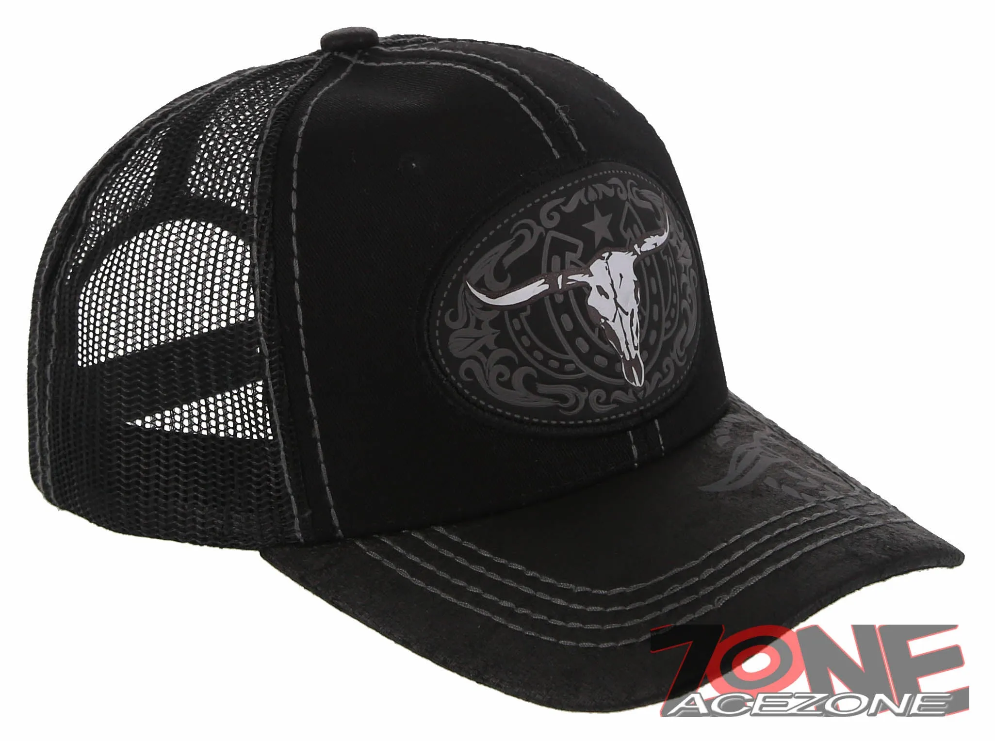 NEW! COW SKULL BULL HEAD RODEO HORSE SHOE STAR TRUCKER BASEBALL CAP HAT BLACK