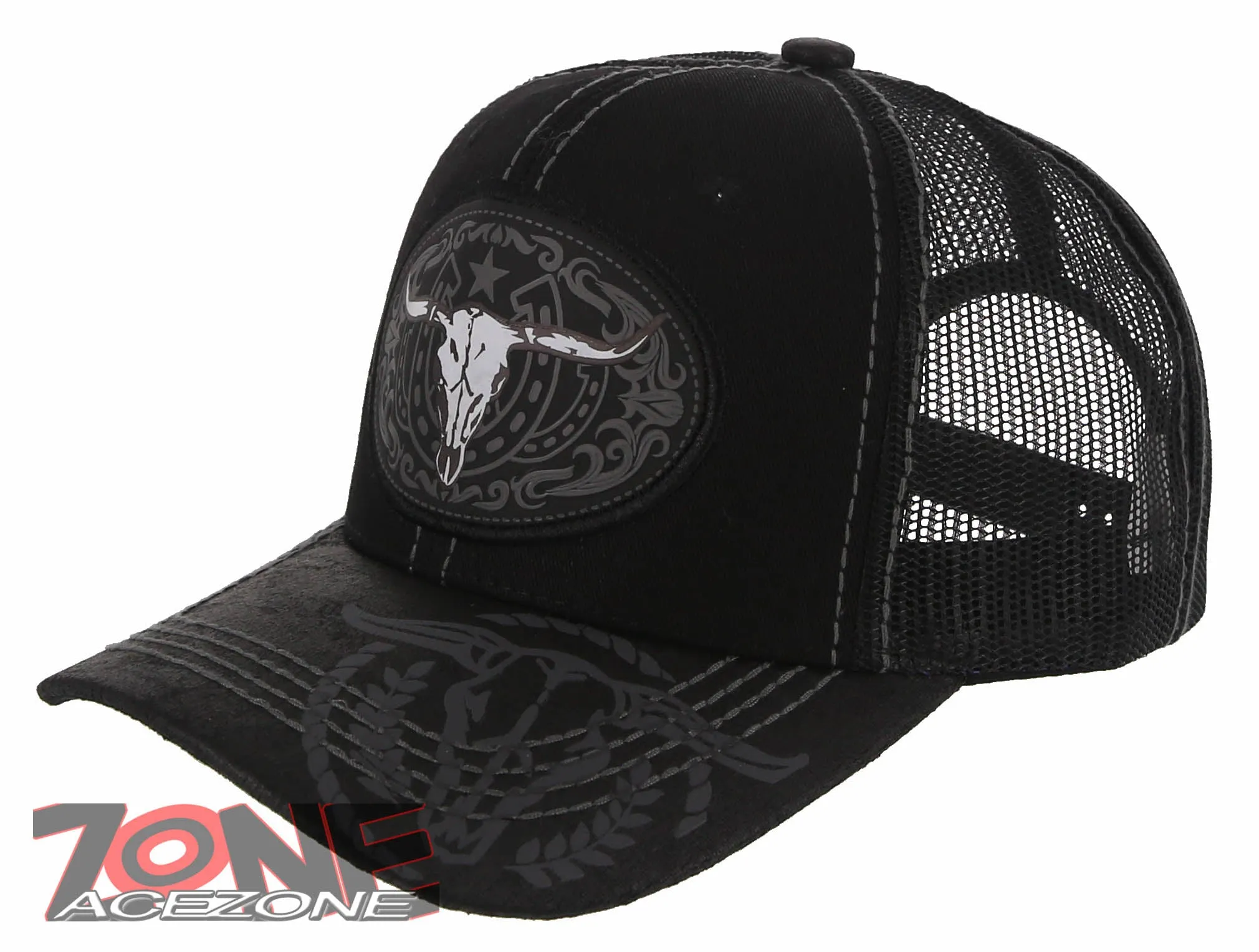 NEW! COW SKULL BULL HEAD RODEO HORSE SHOE STAR TRUCKER BASEBALL CAP HAT BLACK