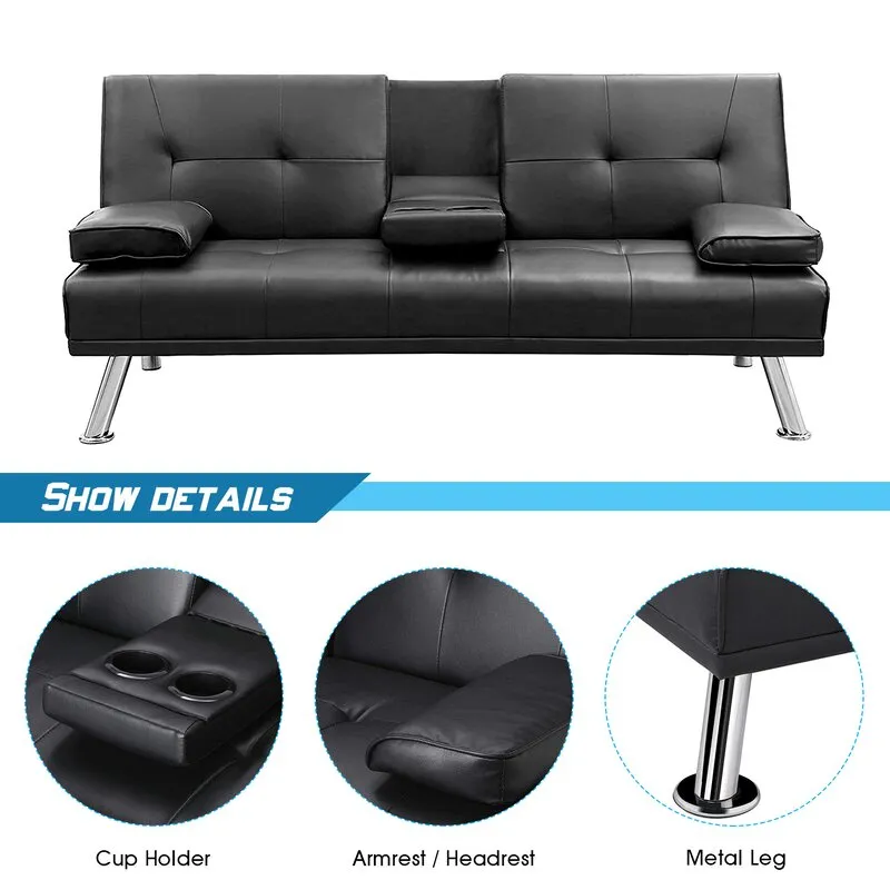 New in box! Wayfair item! Adalisa 66.2" Wide Faux Black Leather Pillow Top Arm Convertible Sofa with fold down cup holders! Retails $699 
