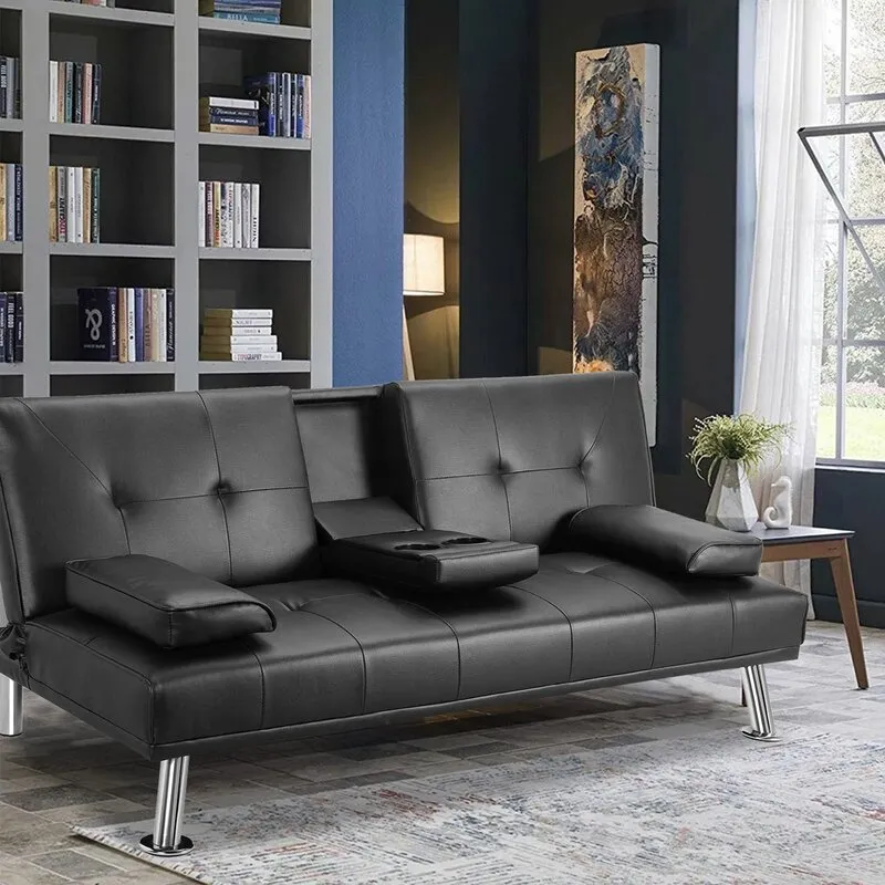 New in box! Wayfair item! Adalisa 66.2" Wide Faux Black Leather Pillow Top Arm Convertible Sofa with fold down cup holders! Retails $699 