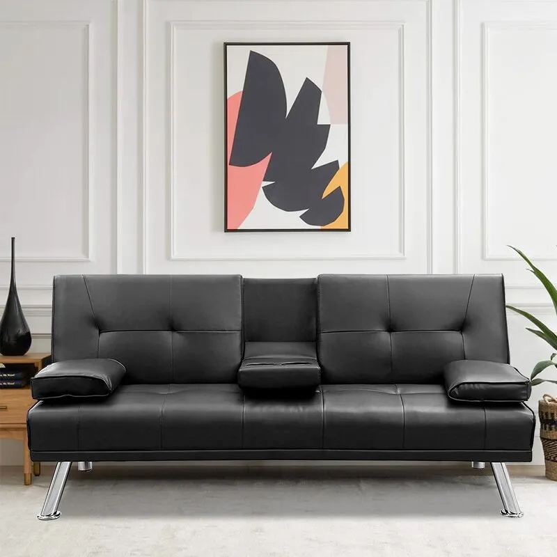 New in box! Wayfair item! Adalisa 66.2" Wide Faux Black Leather Pillow Top Arm Convertible Sofa with fold down cup holders! Retails $699 