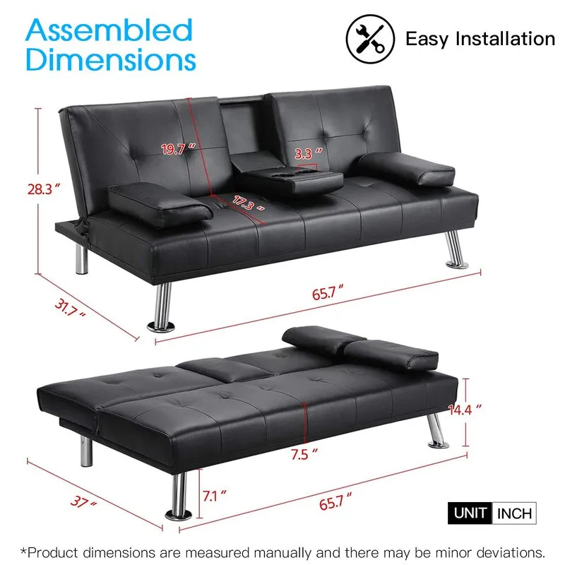 New in box! Wayfair item! Adalisa 66.2" Wide Faux Black Leather Pillow Top Arm Convertible Sofa with fold down cup holders! Retails $699 