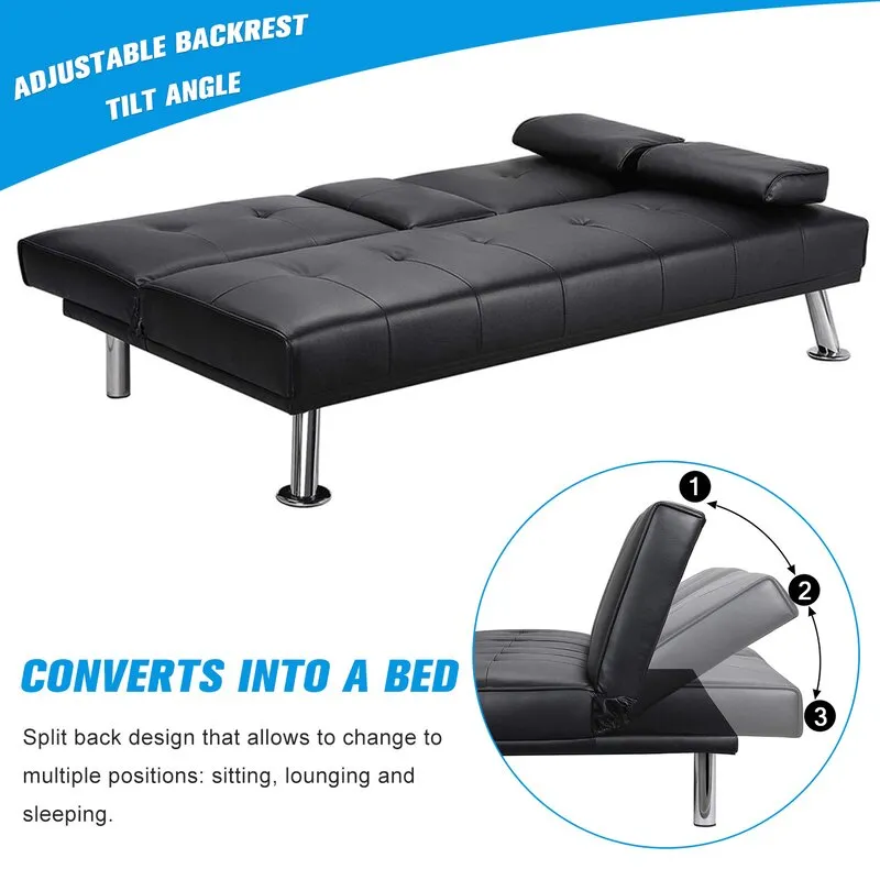 New in box! Wayfair item! Adalisa 66.2" Wide Faux Black Leather Pillow Top Arm Convertible Sofa with fold down cup holders! Retails $699 