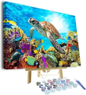 NEW Paint by Numbers, Animals Sea Turtle Oil Paint by Number Kit Ocean Corals Canvas Numbered painting, with Brushes and pigment for Home Wall Decoration 16x20 Inch, Suit Adults Kids Beginner (Framed)