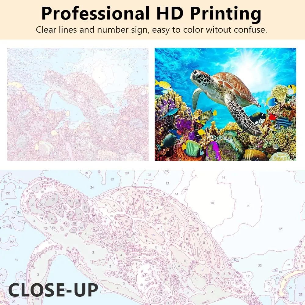 NEW Paint by Numbers, Animals Sea Turtle Oil Paint by Number Kit Ocean Corals Canvas Numbered painting, with Brushes and pigment for Home Wall Decoration 16x20 Inch, Suit Adults Kids Beginner (Framed)
