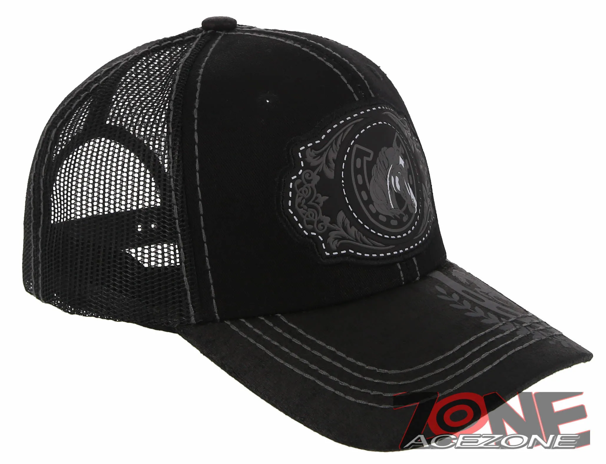 NEW! RODEO HORSE SHOE MESH TRUCKER SNAPBACK BASEBALL CAP HAT BLACK