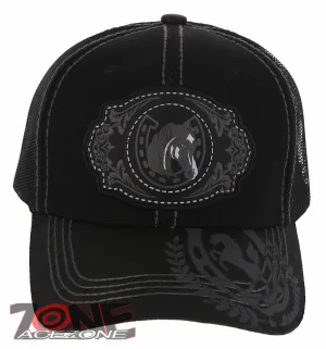 NEW! RODEO HORSE SHOE MESH TRUCKER SNAPBACK BASEBALL CAP HAT BLACK
