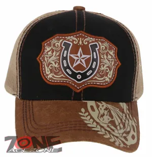 NEW! RODEO HORSE SHOE STAR MESH TRUCKER SNAPBACK BASEBALL CAP HAT BLACK TAN