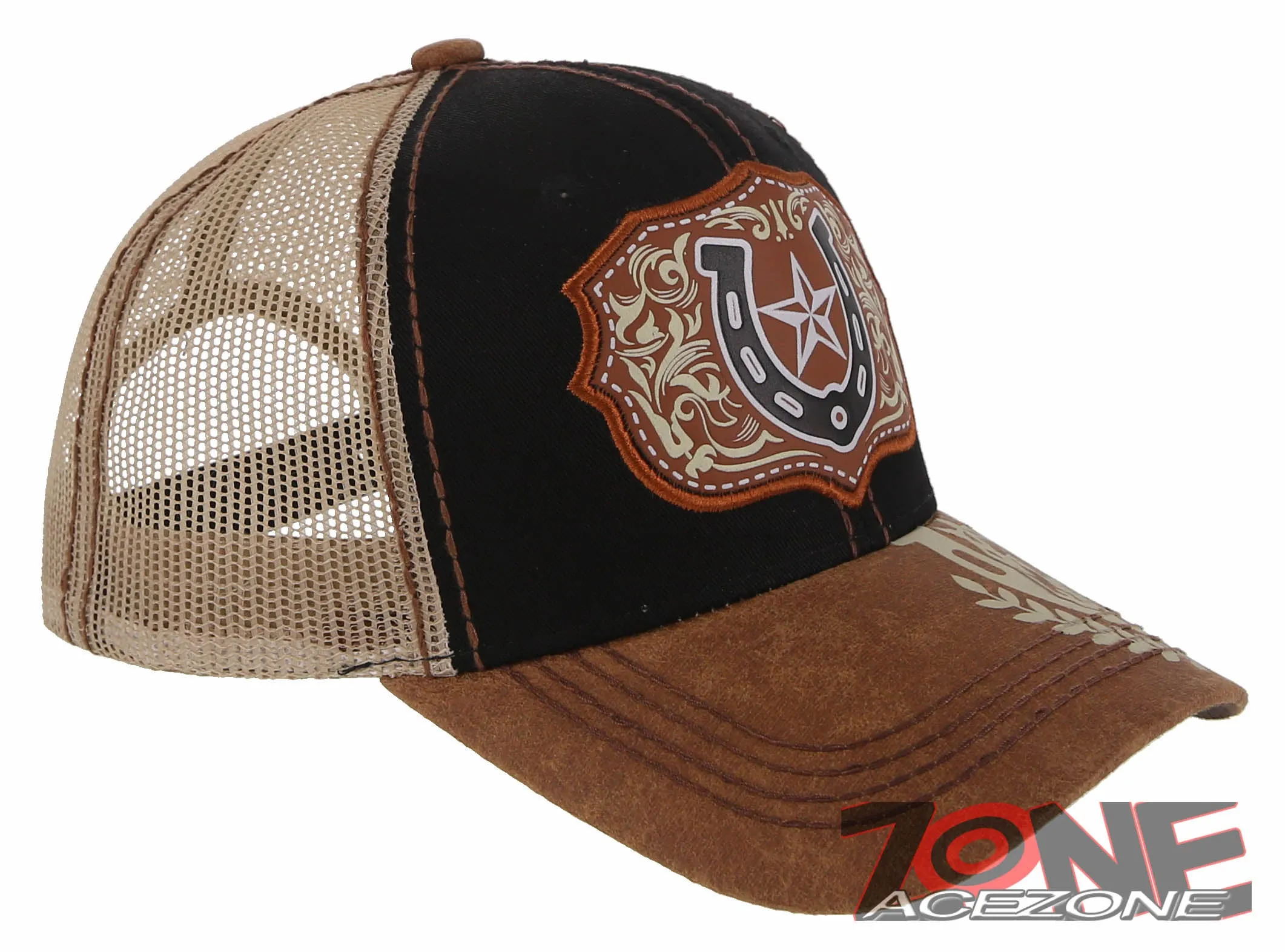 NEW! RODEO HORSE SHOE STAR MESH TRUCKER SNAPBACK BASEBALL CAP HAT BLACK TAN