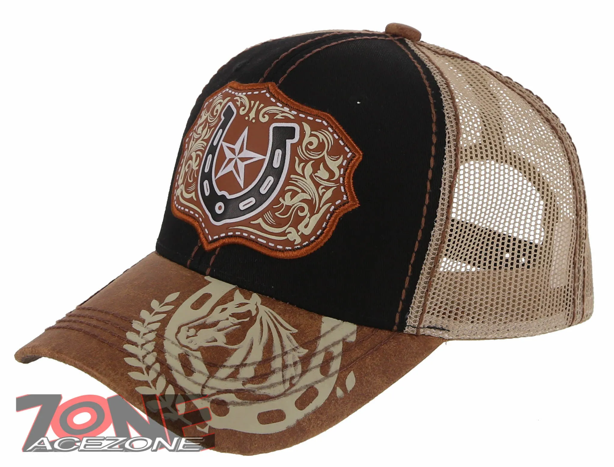 NEW! RODEO HORSE SHOE STAR MESH TRUCKER SNAPBACK BASEBALL CAP HAT BLACK TAN