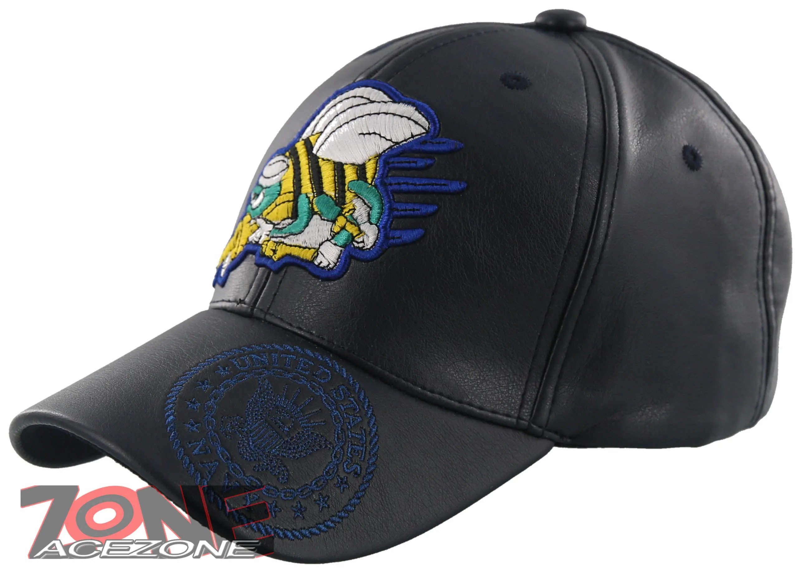 NEW! US NAVY USN SEABEES FAUX LEATHER BALL CAP HAT NAVY