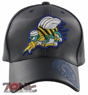 NEW! US NAVY USN SEABEES FAUX LEATHER BALL CAP HAT NAVY