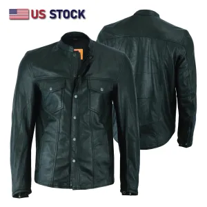 No Collar HL10499 Club Leather Shirt Men Black Mandarin collar