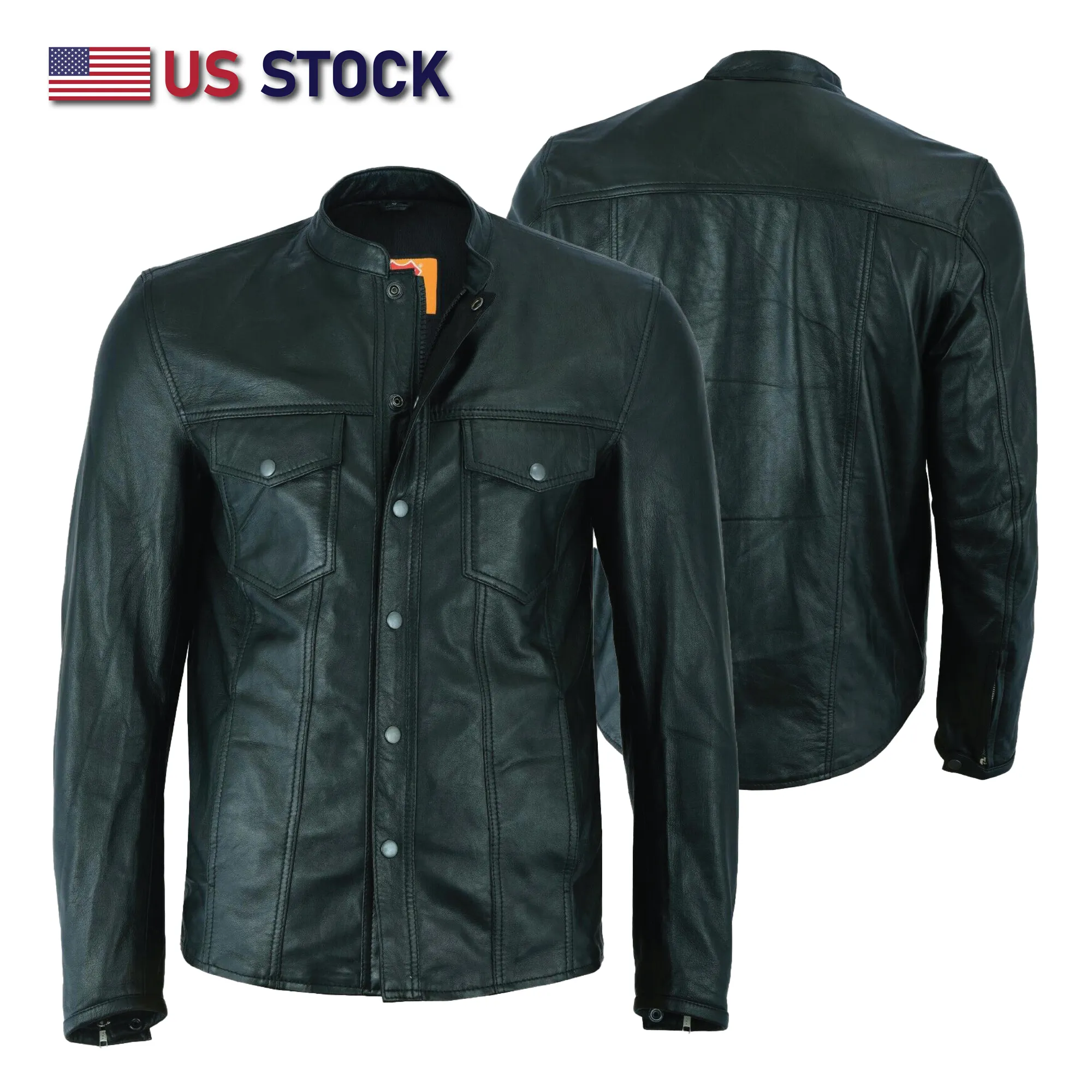 No Collar HL10499 Club Leather Shirt Men Black Mandarin collar