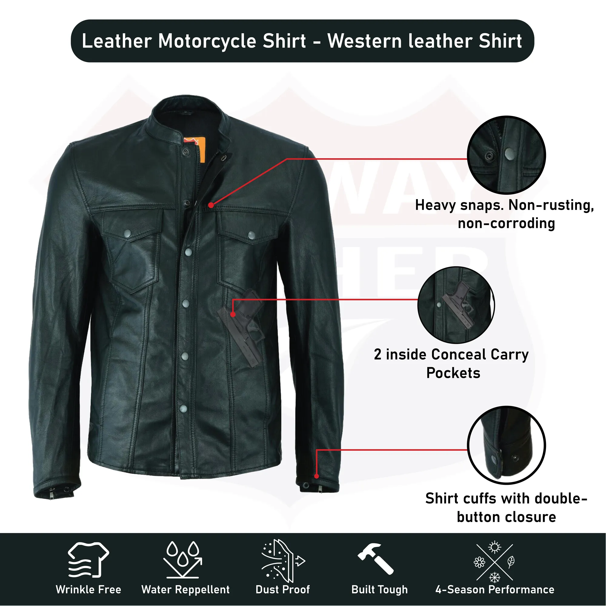 No Collar HL10499 Club Leather Shirt Men Black Mandarin collar