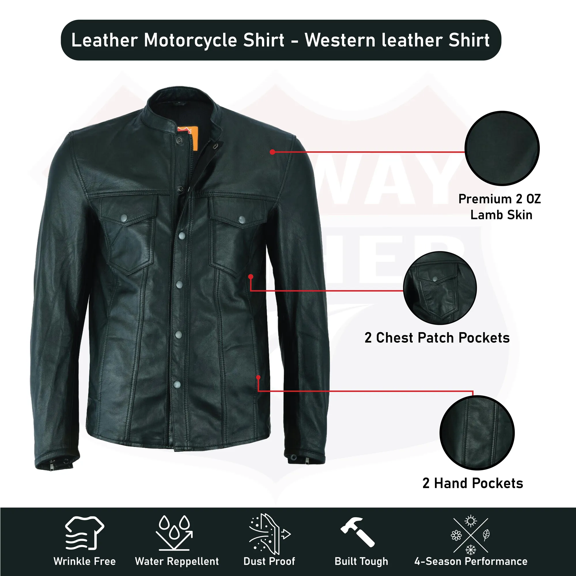 No Collar HL10499 Club Leather Shirt Men Black Mandarin collar