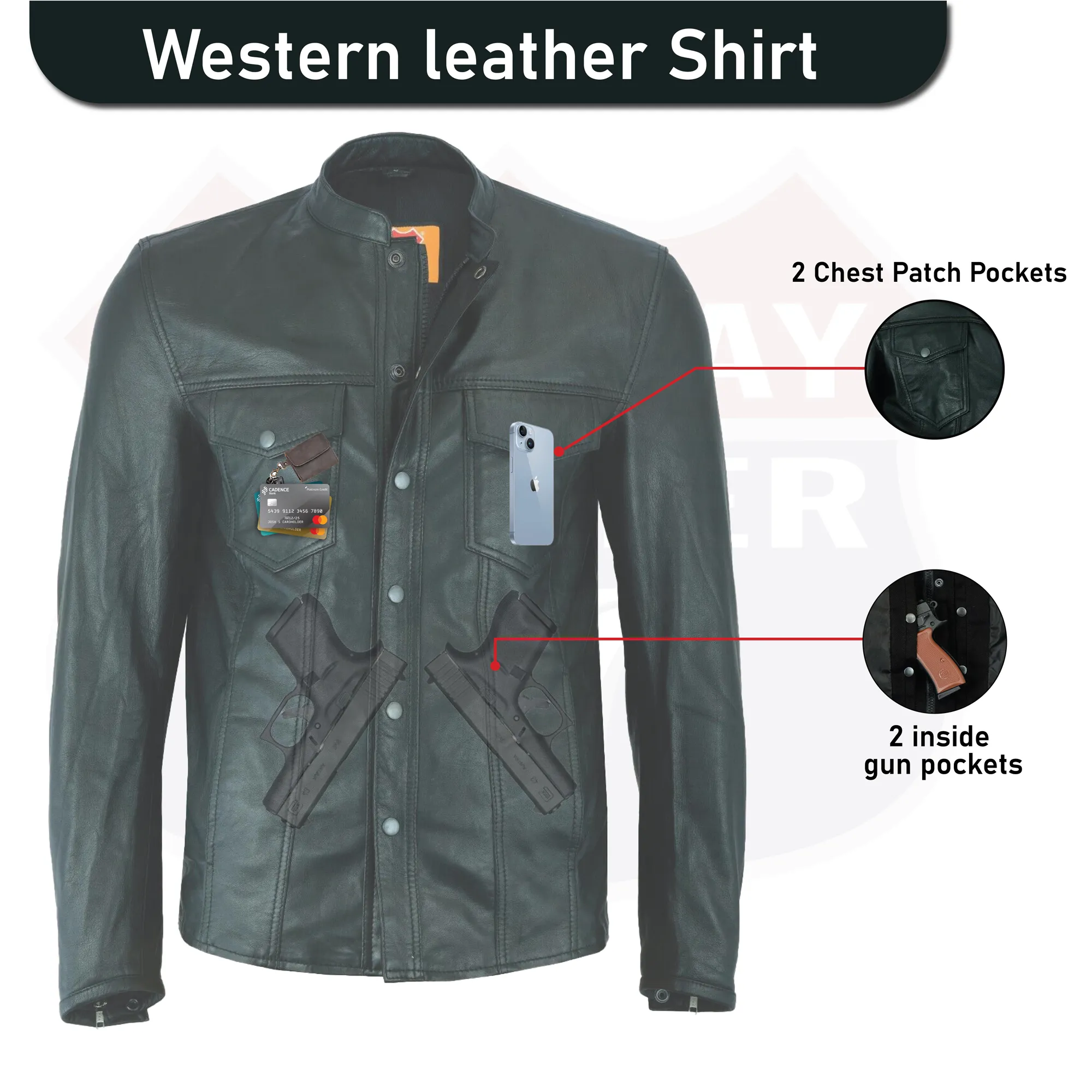 No Collar HL10499 Club Leather Shirt Men Black Mandarin collar