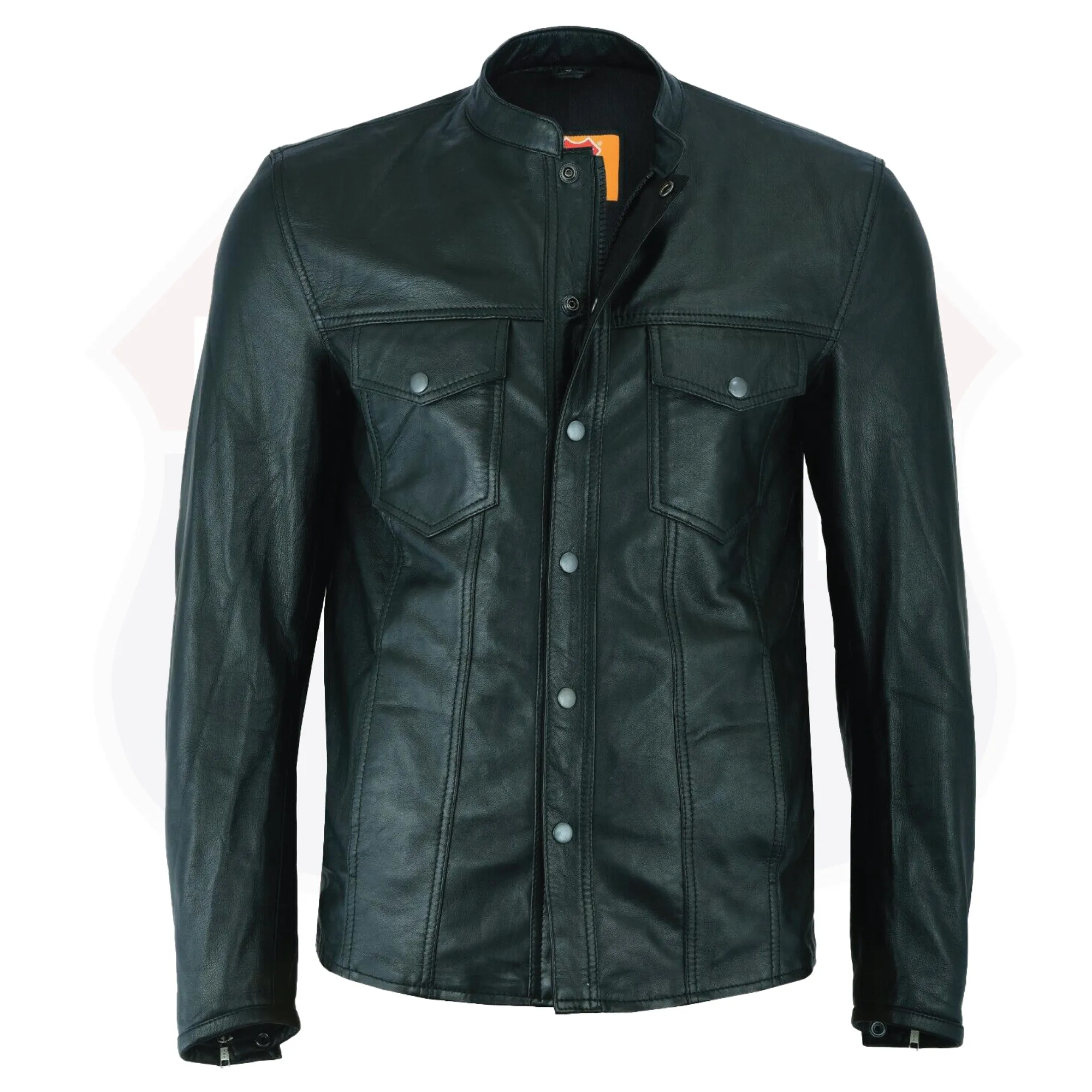 No Collar HL10499 Club Leather Shirt Men Black Mandarin collar