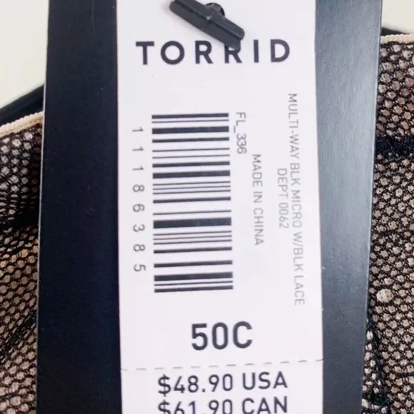 NWT Torrid Black Microfiber Lightly Lined Multi-way Convertible Strapless Bra