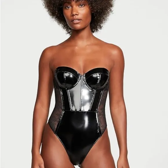 NWT Victoria's Secret XL Patent Leather Teddy Bodysuit Floral Lace Strapless