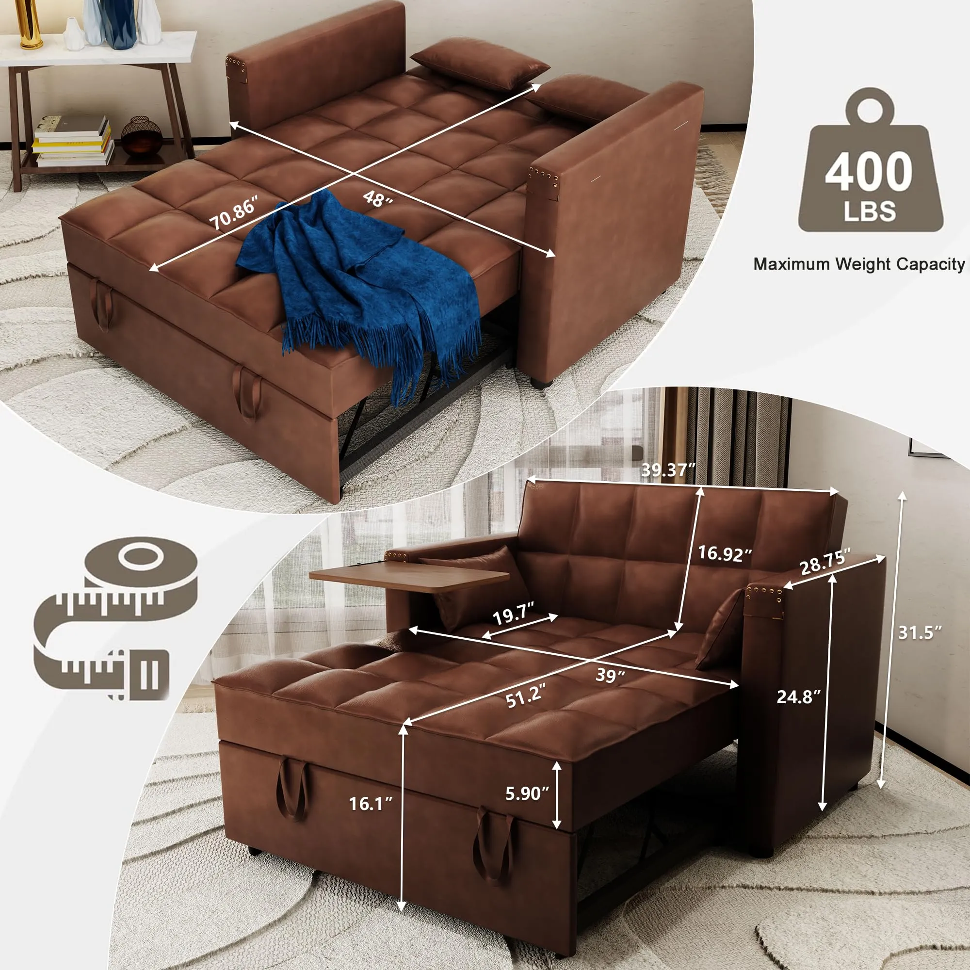ORRD 3-in-1Faux Leather Sofa Bed with Adjustable Backrest and Hidden Side Table for Living Room 48''