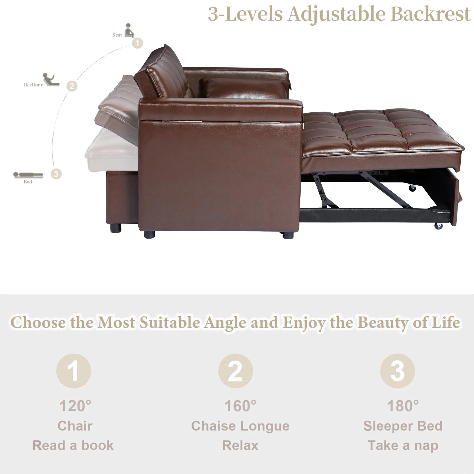 ORRD 3-in-1Faux Leather Sofa Bed with Adjustable Backrest and Hidden Side Table for Living Room 48''