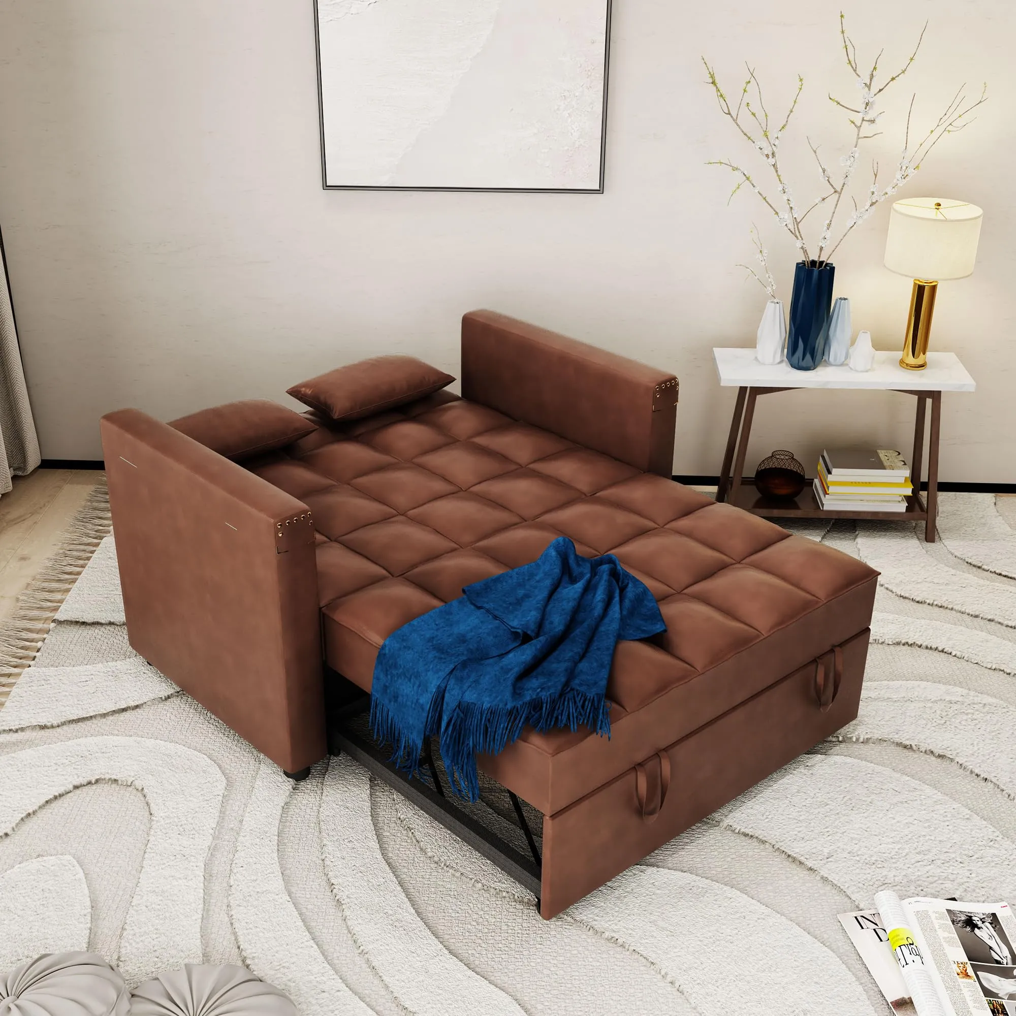 ORRD 3-in-1Faux Leather Sofa Bed with Adjustable Backrest and Hidden Side Table for Living Room 48''