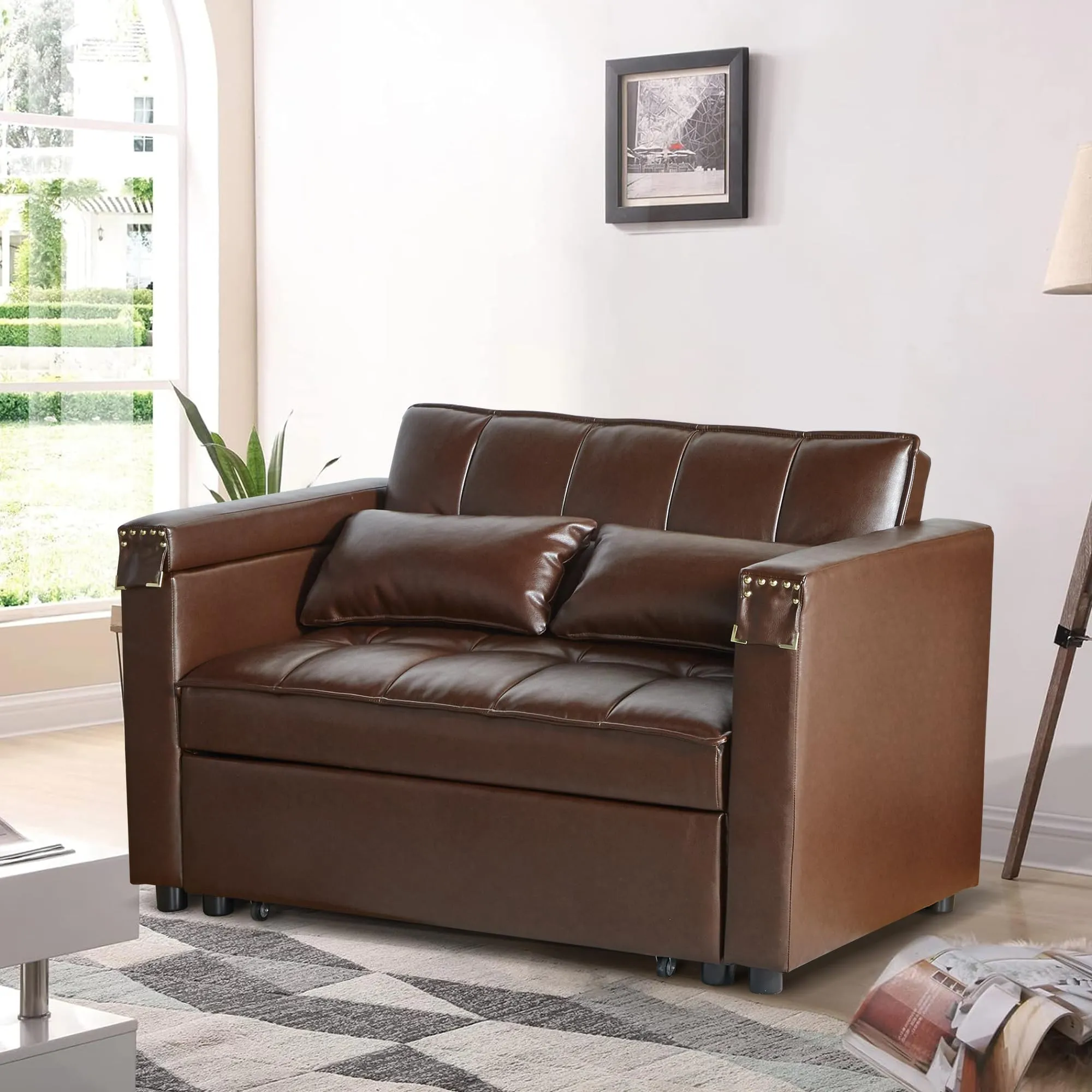 ORRD 3-in-1Faux Leather Sofa Bed with Adjustable Backrest and Hidden Side Table for Living Room 48''