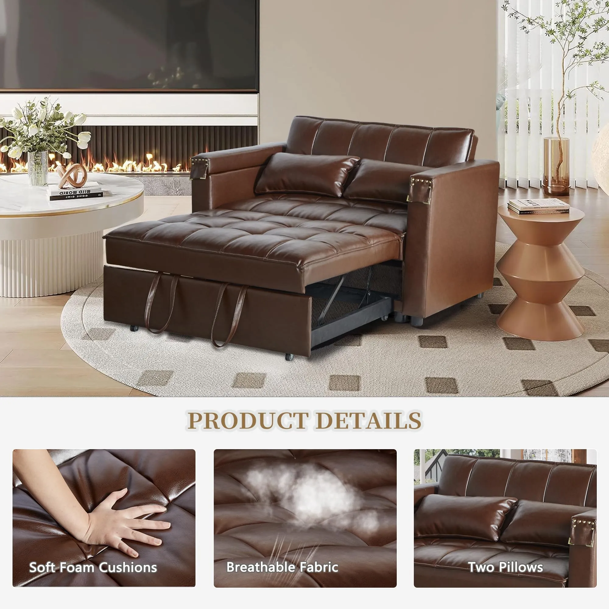 ORRD 3-in-1Faux Leather Sofa Bed with Adjustable Backrest and Hidden Side Table for Living Room 48''