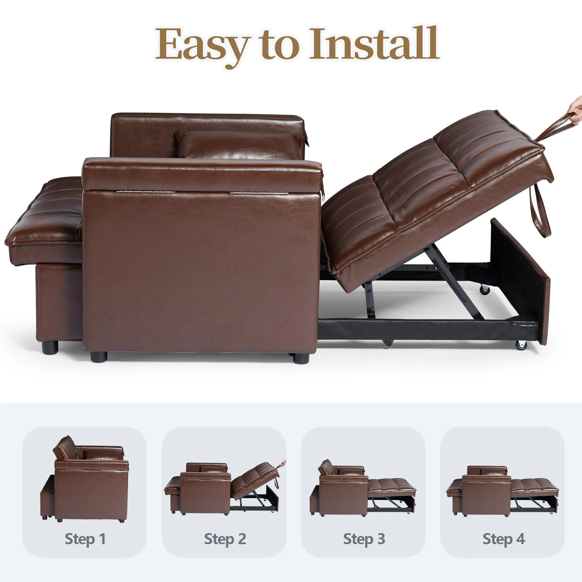 ORRD 3-in-1Faux Leather Sofa Bed with Adjustable Backrest and Hidden Side Table for Living Room 48''