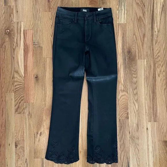 Paige Claudine Coated Black Denim High Rise Flare Jeans Size 25