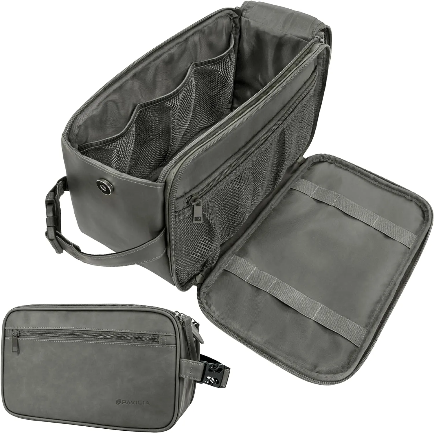 PAVILIA Toiletry Bag for Men, Travel Toiletries Bag | Water-resistant Dopp Kit, PU Leather Shaving Bag Organizer for Toiletry Accessories, Grooming, Hygiene, Cosmetic (Dark Brown)